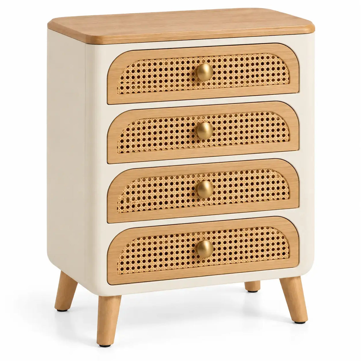 Cassettiera, quattro cassetti intrecciati con frontali curvi, beige/marrone
