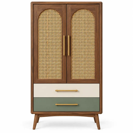 Armadio, ante intrecciate e due cassetti inferiori, marrone/beige/verde
