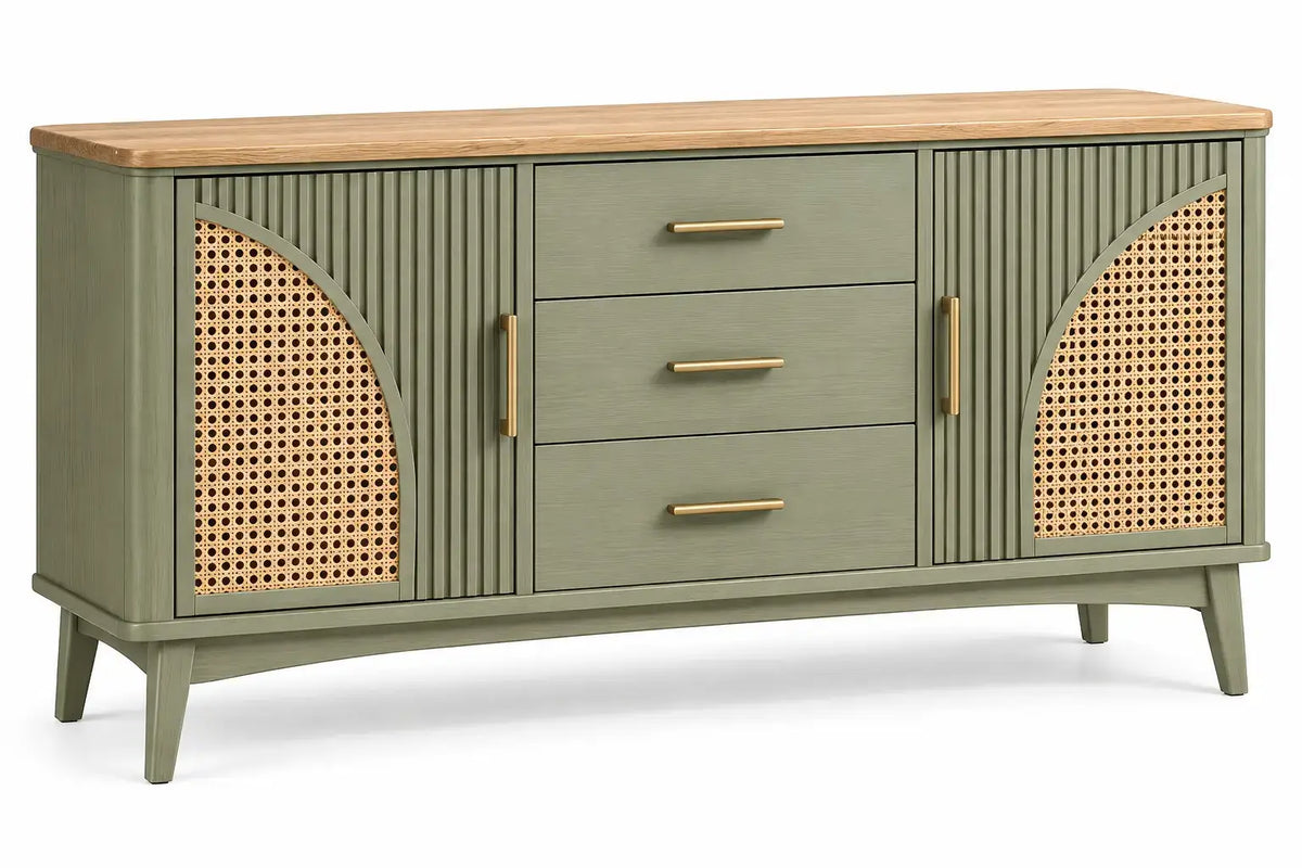 Credenza, ante con inserti intrecciati e cassetti centrali, verde/marrone