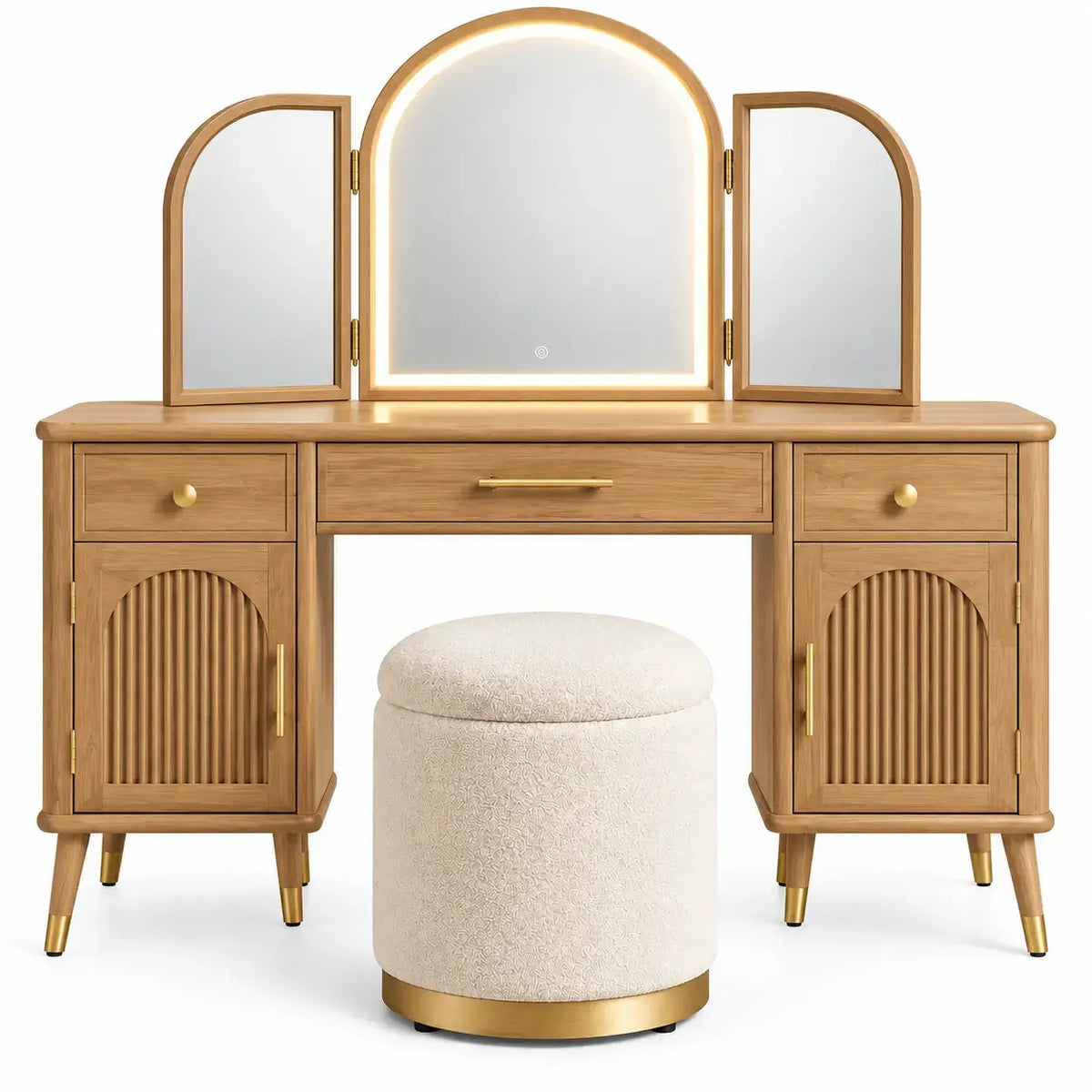 Mobile da toeletta con specchio, specchio a tre sezioni e sgabello rotondo, marrone/beige/oro